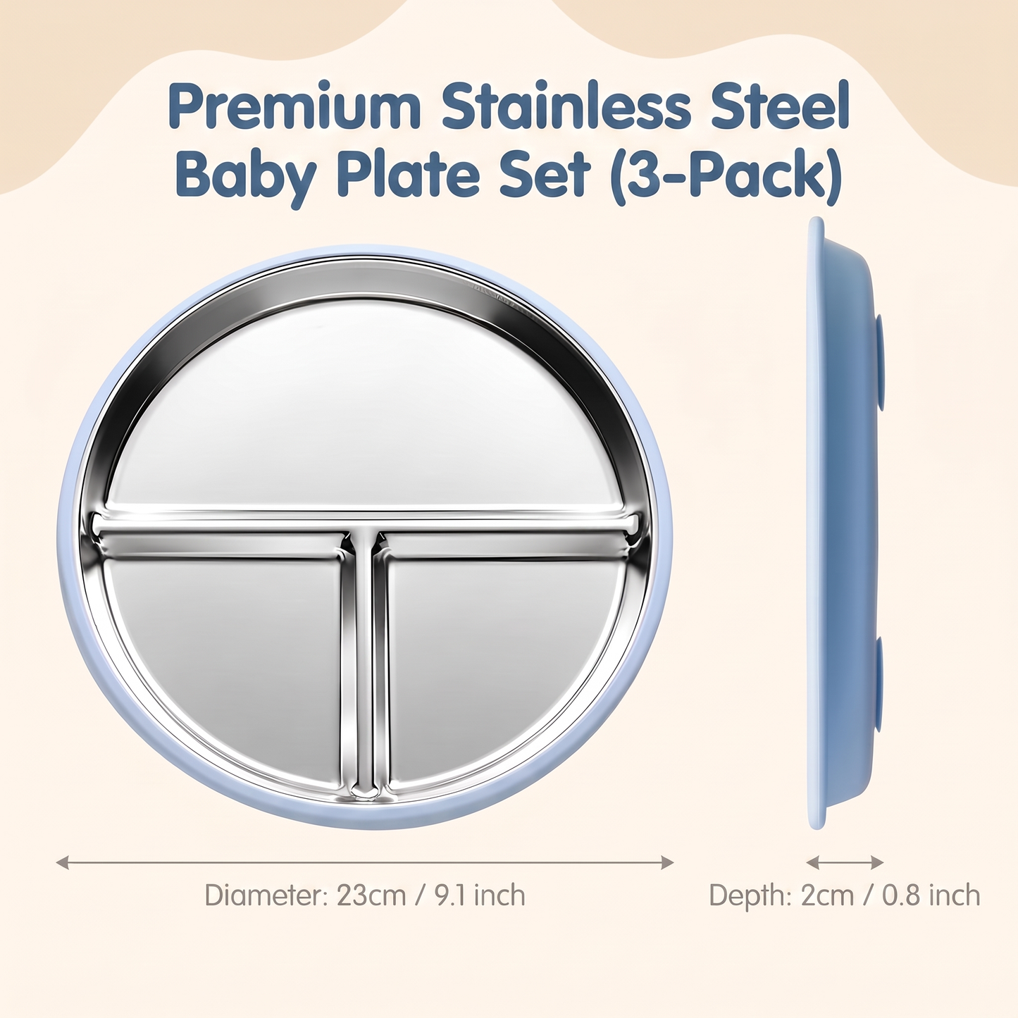 Stainless Steel Suction Plate for Babies & Toddlers (3-Pack)