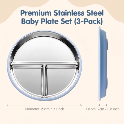 Stainless Steel Suction Plate for Babies & Toddlers (3-Pack)