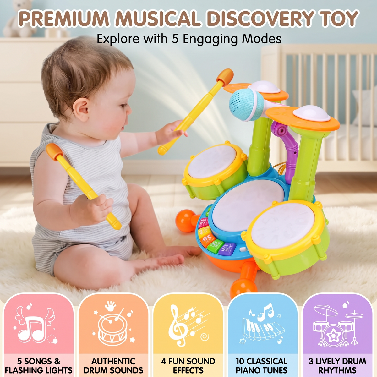 Interactive Musical Drum Set with Lights & Sounds
