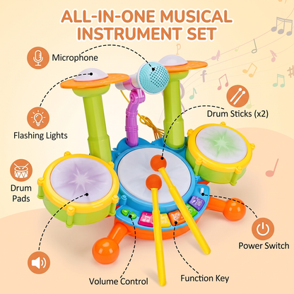 Interactive Musical Drum Set with Lights & Sounds