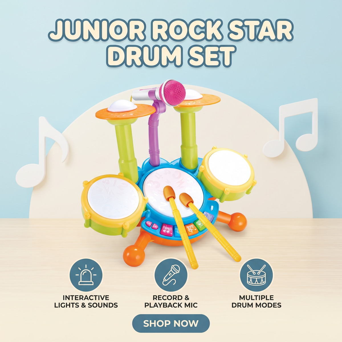 Interactive Musical Drum Set with Lights & Sounds
