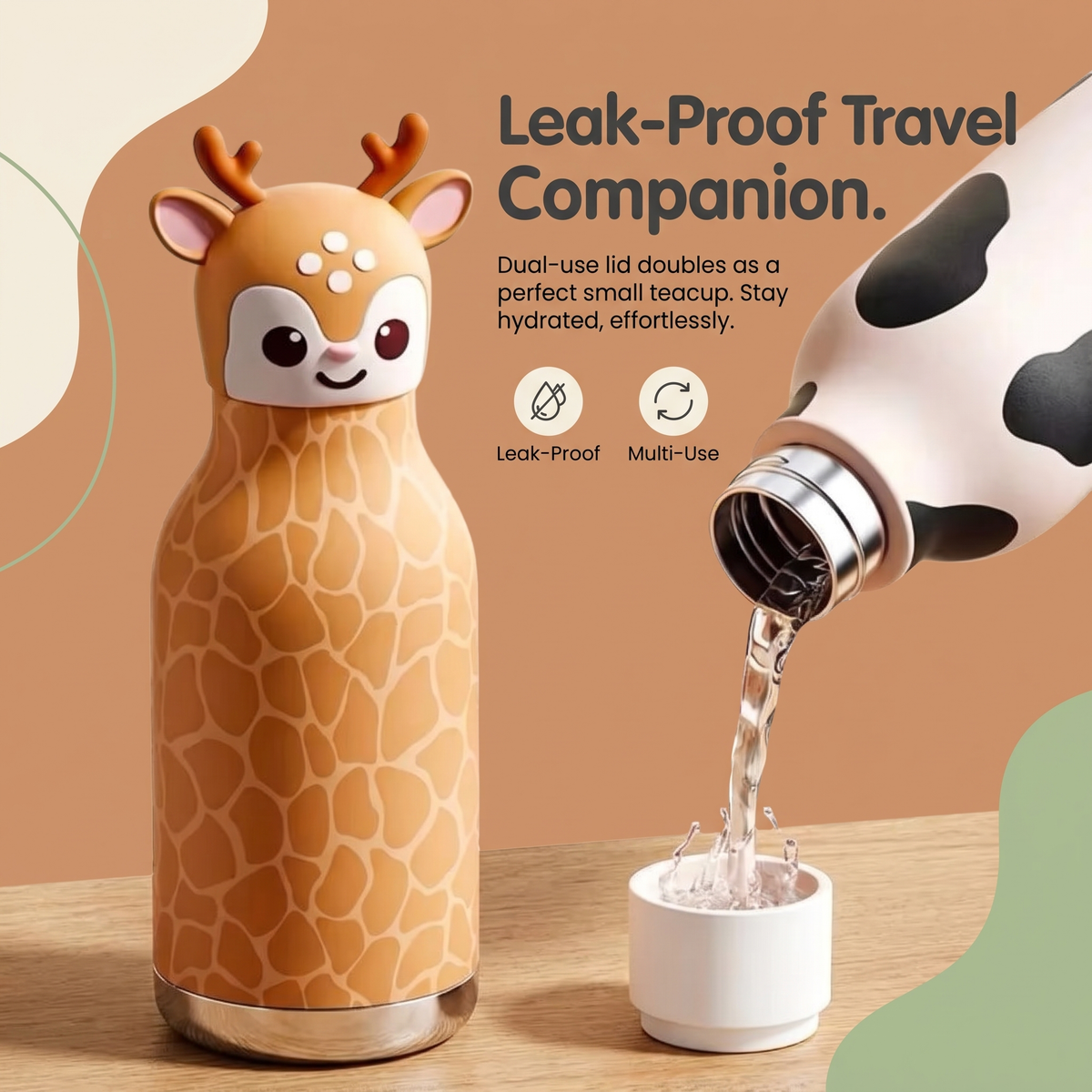 Kids Insulated Water Bottle with 3D Animal Lid – 480ml