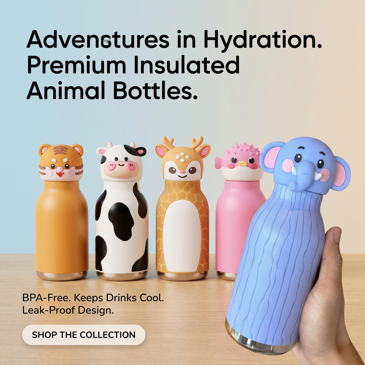 Kids Insulated Water Bottle with 3D Animal Lid – 480ml