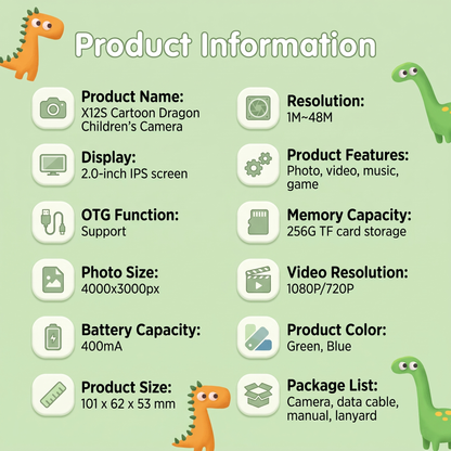 Kids Digital Camera with Dinosaur Cover