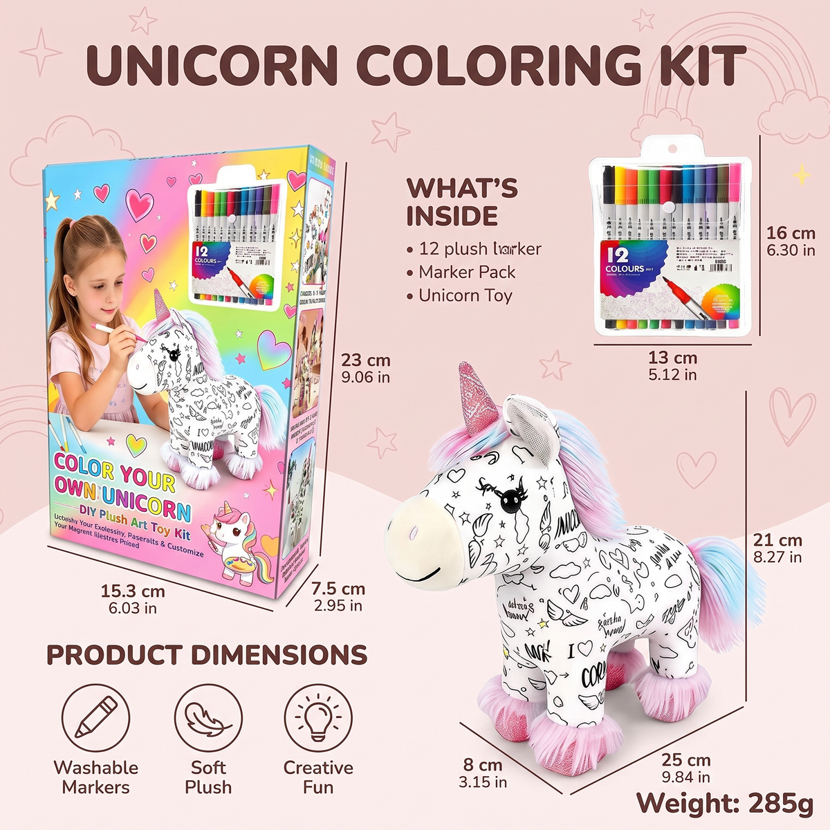 Colour Your Own Unicorn Plush with 12 Markers