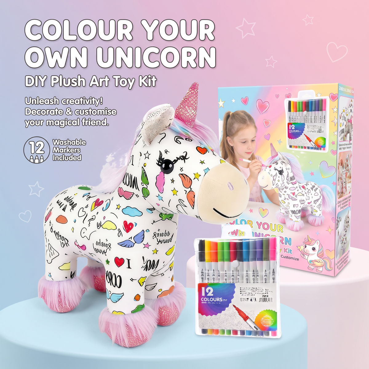 Colour Your Own Unicorn Plush with 12 Markers